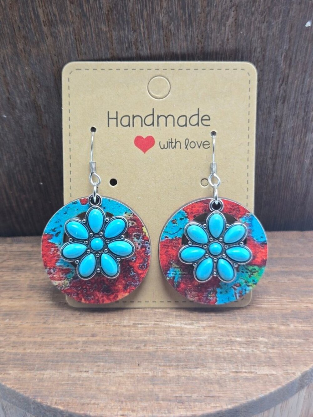 NWT Wood Circle Earrings Pierced Silver Tone Faux Turquoise Flower Western OOAK